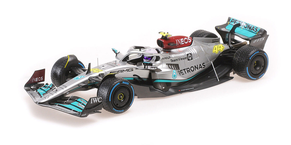 Minichamps Die Cast Collectables - 1:18 Mercedes-AMG Petronas Formula One Team F1 W13 E Performance - Lewis Hamilton - Monaco GP 2022 - With Rain Tyres