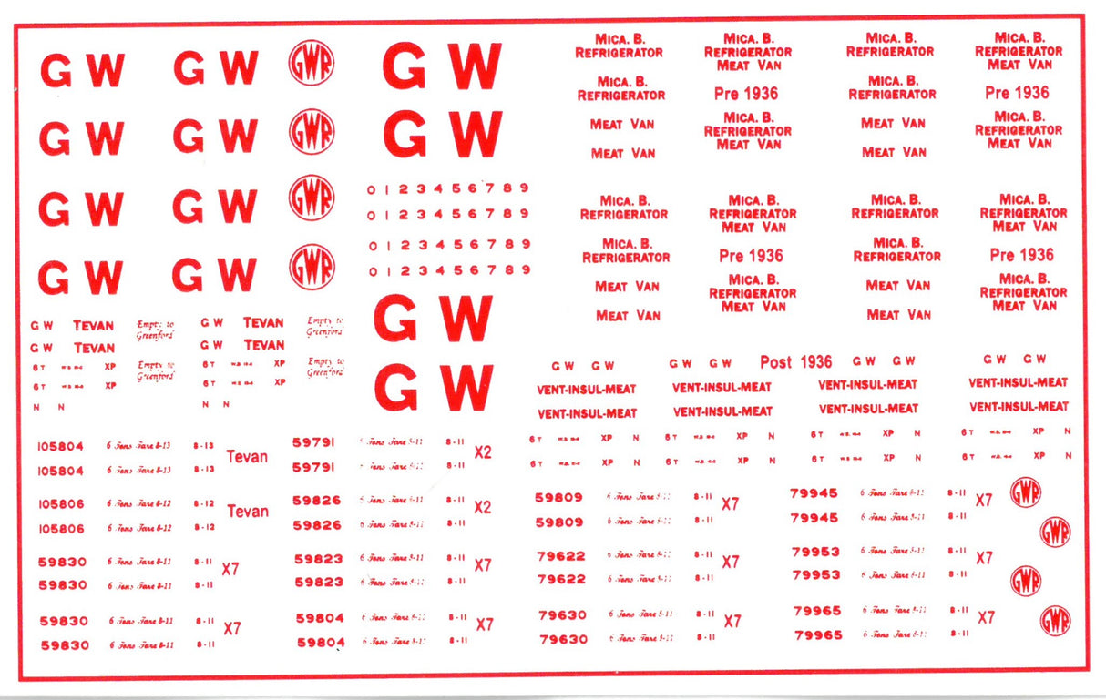 N GAUGE GWR WAGON TRANSFERS RED