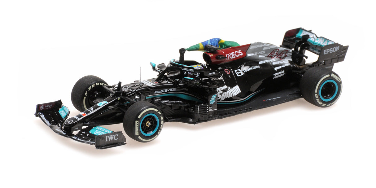 Minichamps Die Cast Collectables - 1:43 Mercedes-AMG Petronas Formula One Team W12 E Performance - Hamilton - 1st Brazilian GP 2021 W/Flag