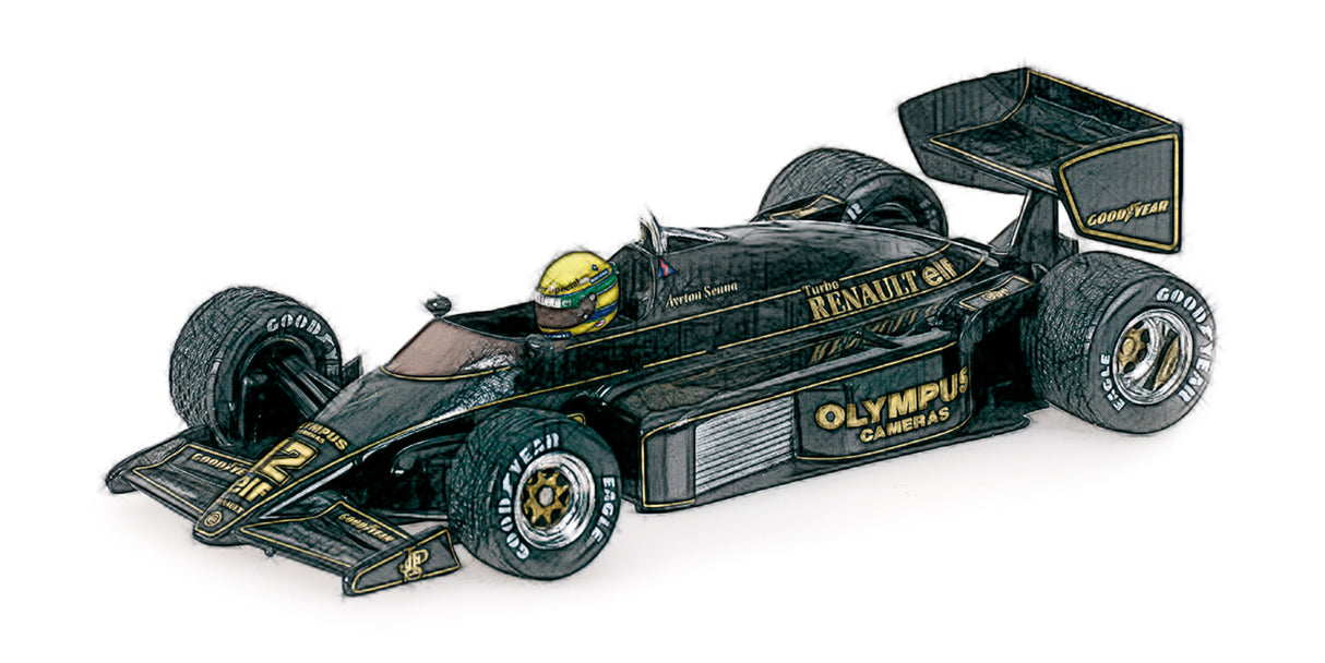 Minichamps Die Cast Collectables - 1:18 Lotus Renault 97T Ayrton Senna Portugal 1985 Rain Tyres 1st Win Dirty Version