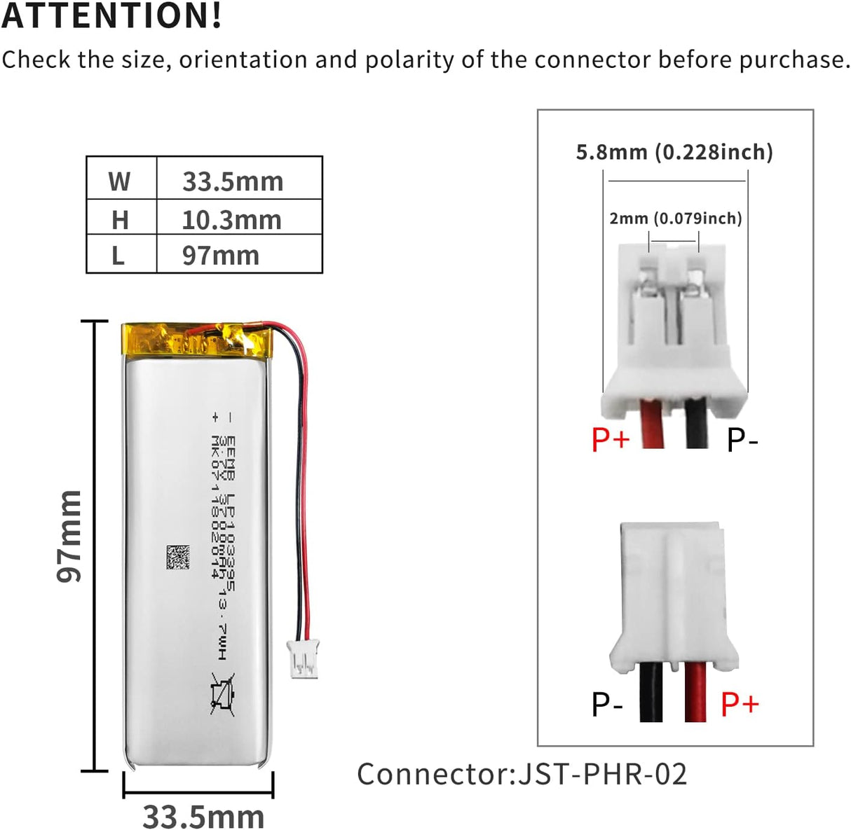 EEMB 1s 3.7v 3700mAh Lipo battery 13.7Wh with JST connector