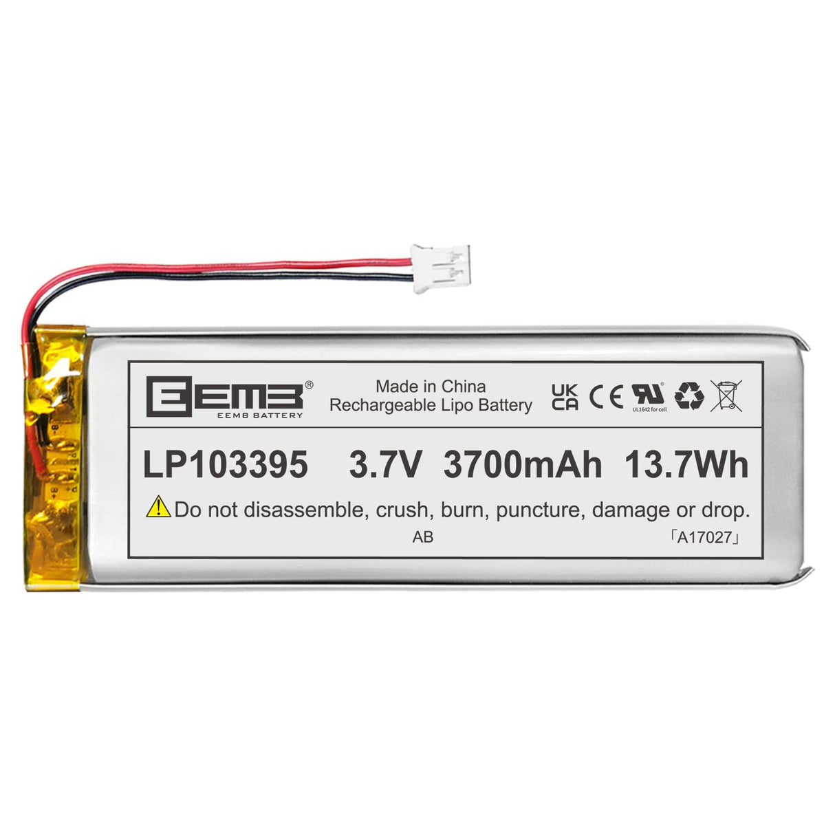 EEMB 1s 3.7v 3700mAh Lipo battery 13.7Wh with JST connector