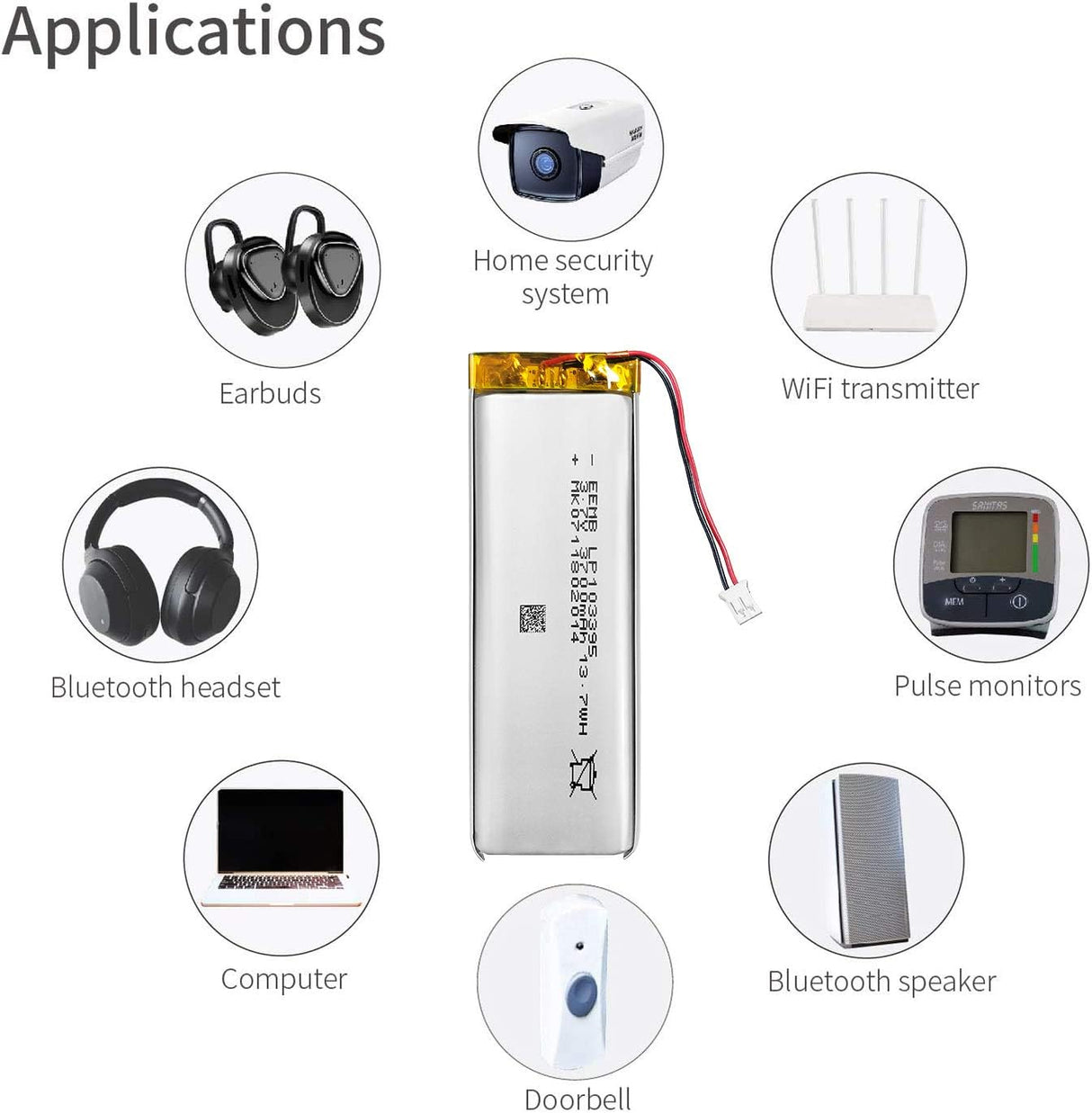 EEMB 1s 3.7v 3700mAh Lipo battery 13.7Wh with JST connector