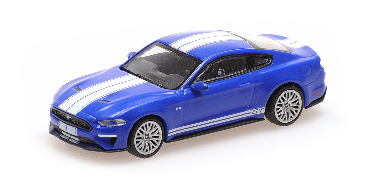Minichamps Die Cast Collectables - 1:87 2018 Ford Mustang - Blue Metallic With White Stripes