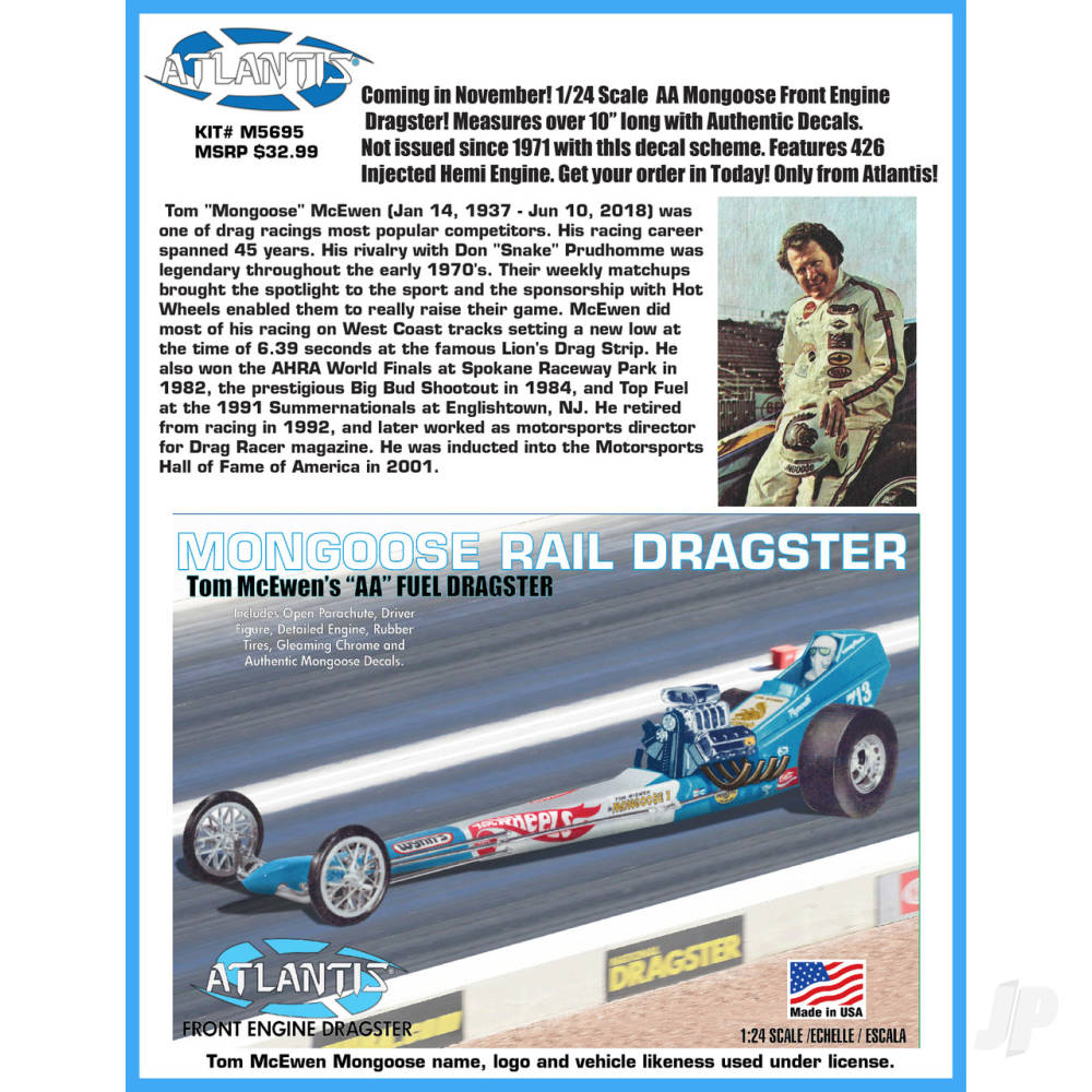 Atlantis 1/24 Tom Mongoose McEwen Front Engine Dragster Kit AMCM5695