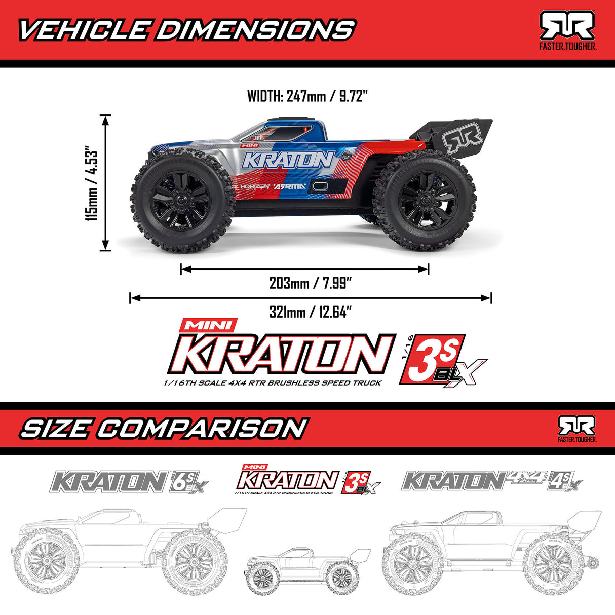 Arrma 1/16 MINI KRATON 3S DSC 4X4 RTR Speed Truck - Black/Red - Pre Order - Expected mid March