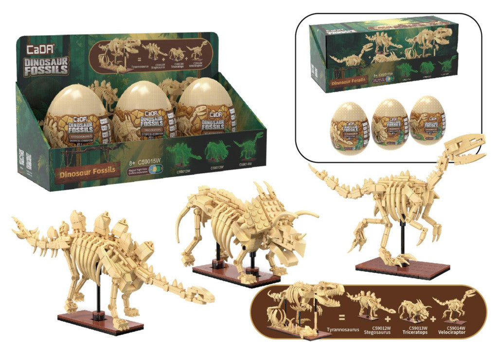 CADA Tray of 3 Dinosaur Eggs with Stegosaurus Triceratops & Velociraptor