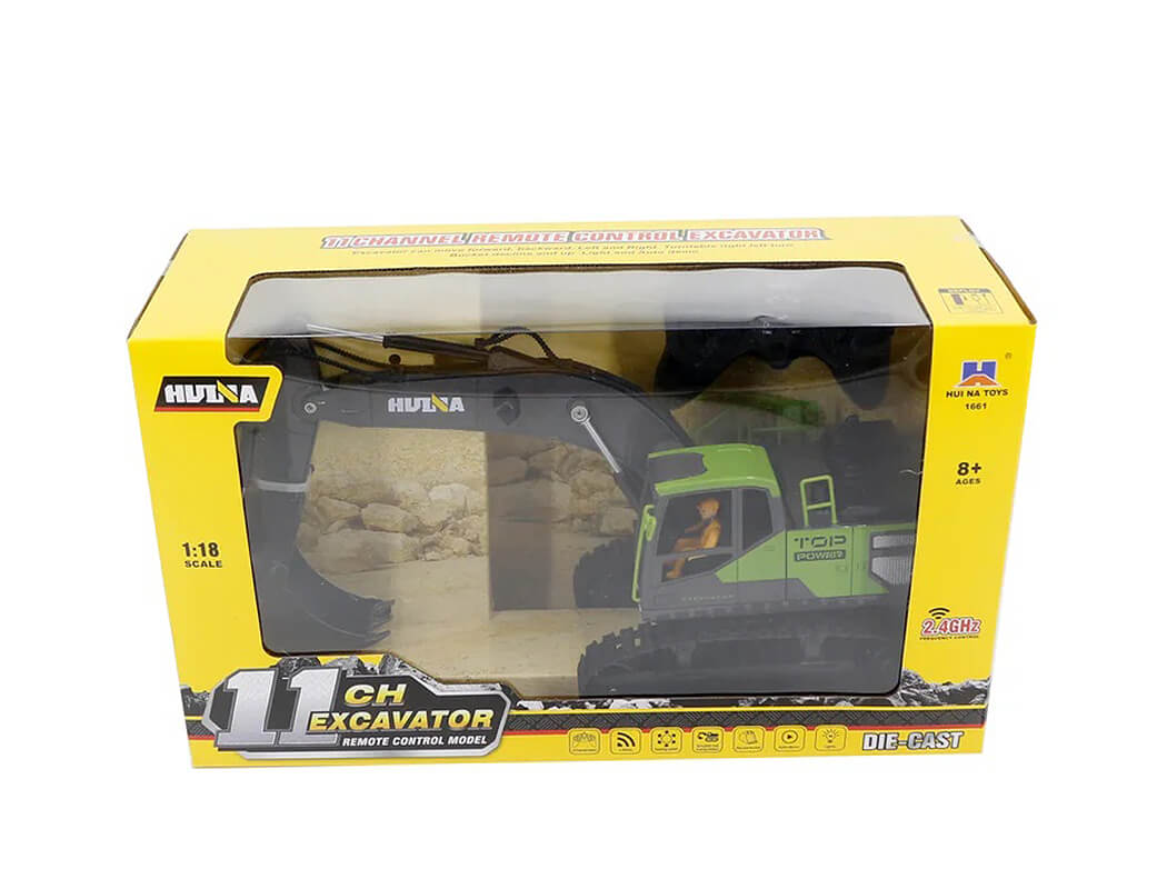 HUINA 2.4G 11CH RC EXCAVATOR GREEN 680° TURNTABLE WITH SMOKE