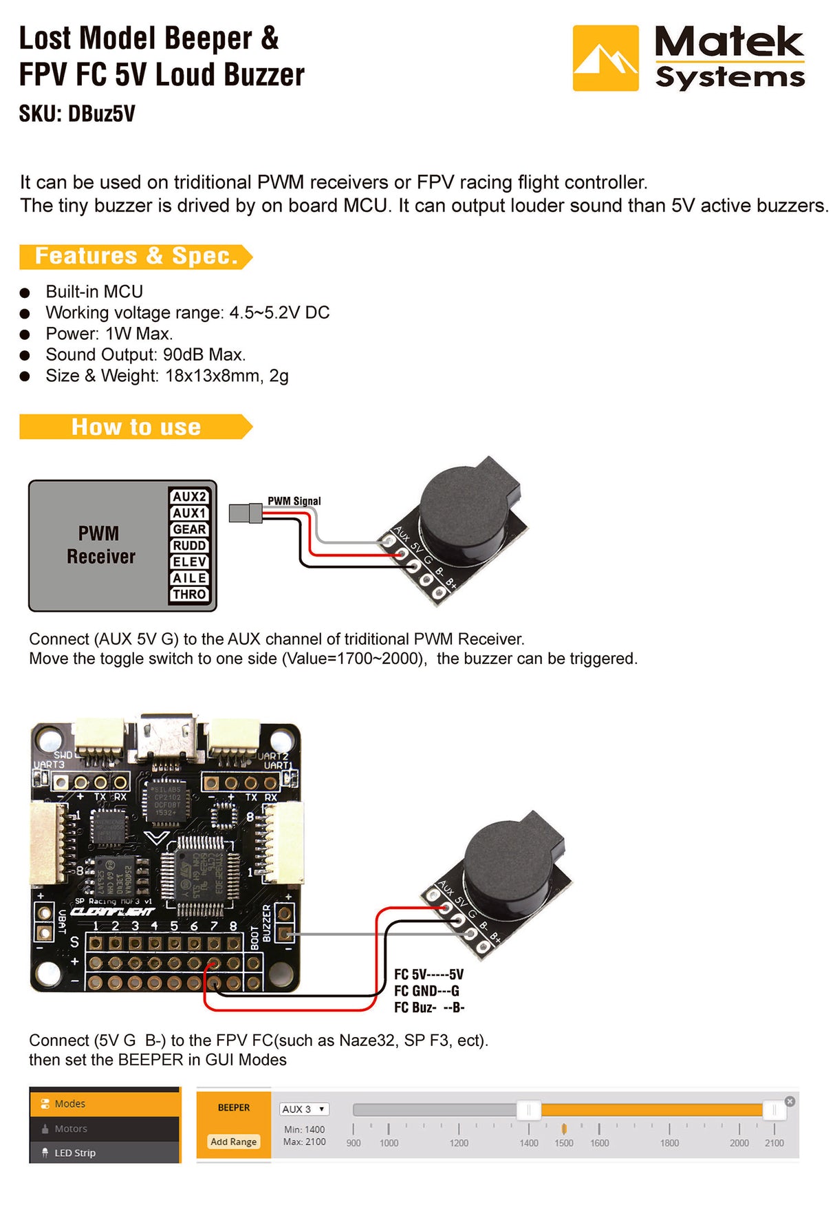Mateksys Lost Model Beeper & FPV FC 5V Loud Buzzer