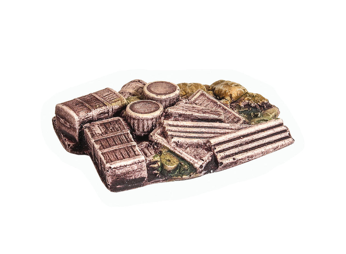 Discarded sacks crates barrels ect.