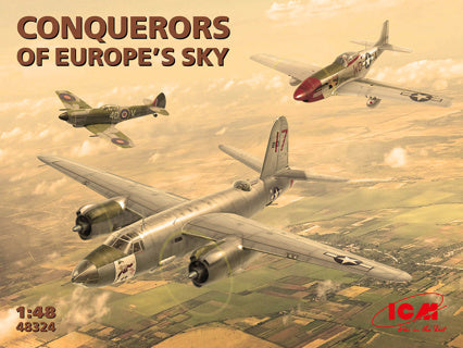 ICM 1/48 Conquerors of Europes Sky (Set of 3 Aircraft-Set includes P51 Mustang/Spitfire/and B-26 Marauder) ICM48324