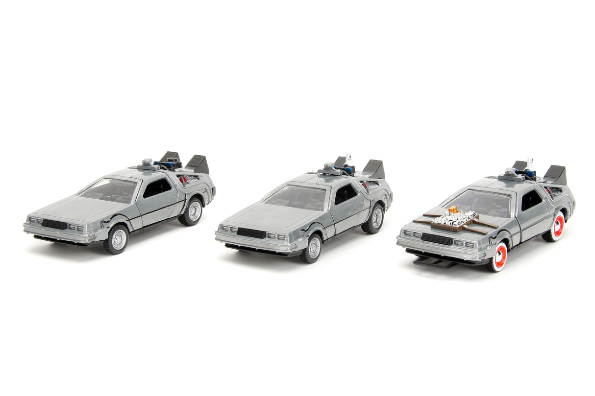 Jada Die Cast Collectables - 1:32 Back to the Future DeLorean 3 Car Collectors Set