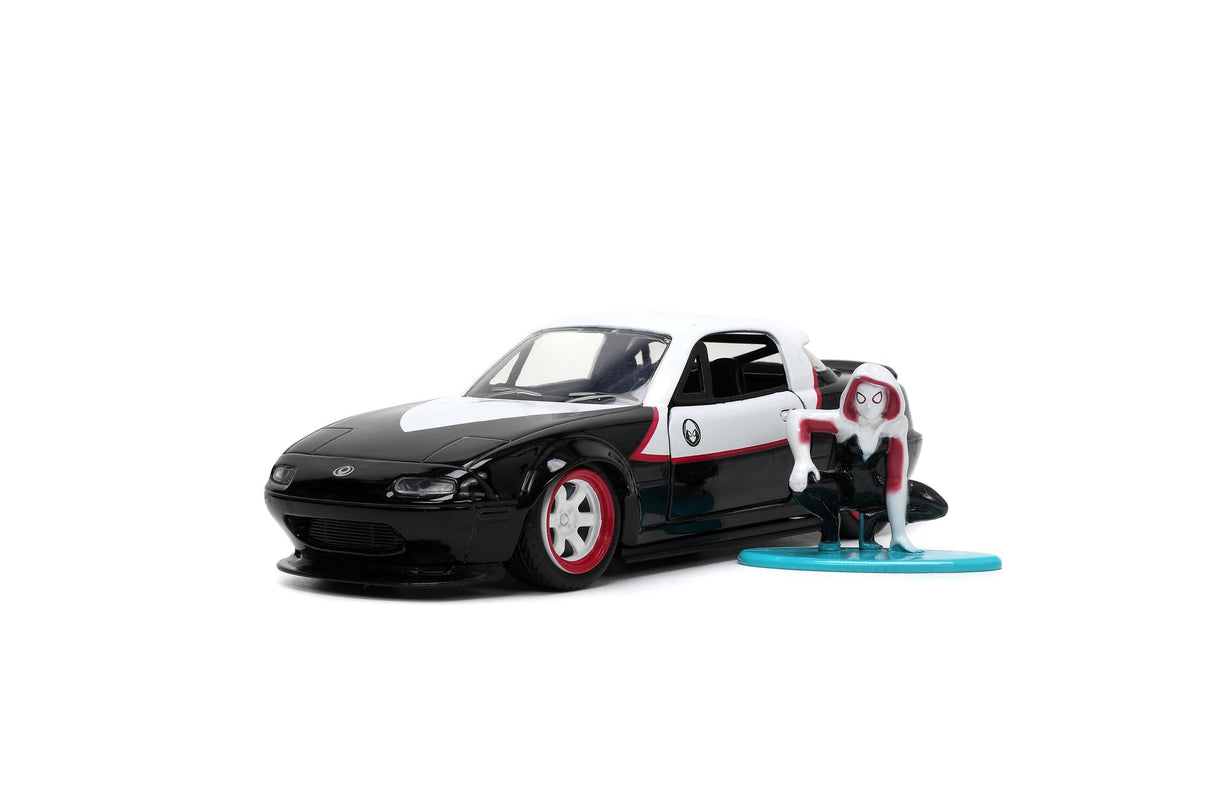 Jada Die Cast Collectables - 1:32 Hollywood Rides 1990 Mazda Miata with Spider Gwen Figure