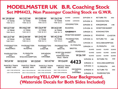 MM4423 Numbering for ex GWR Siphons & Parcel Vans. Yellow