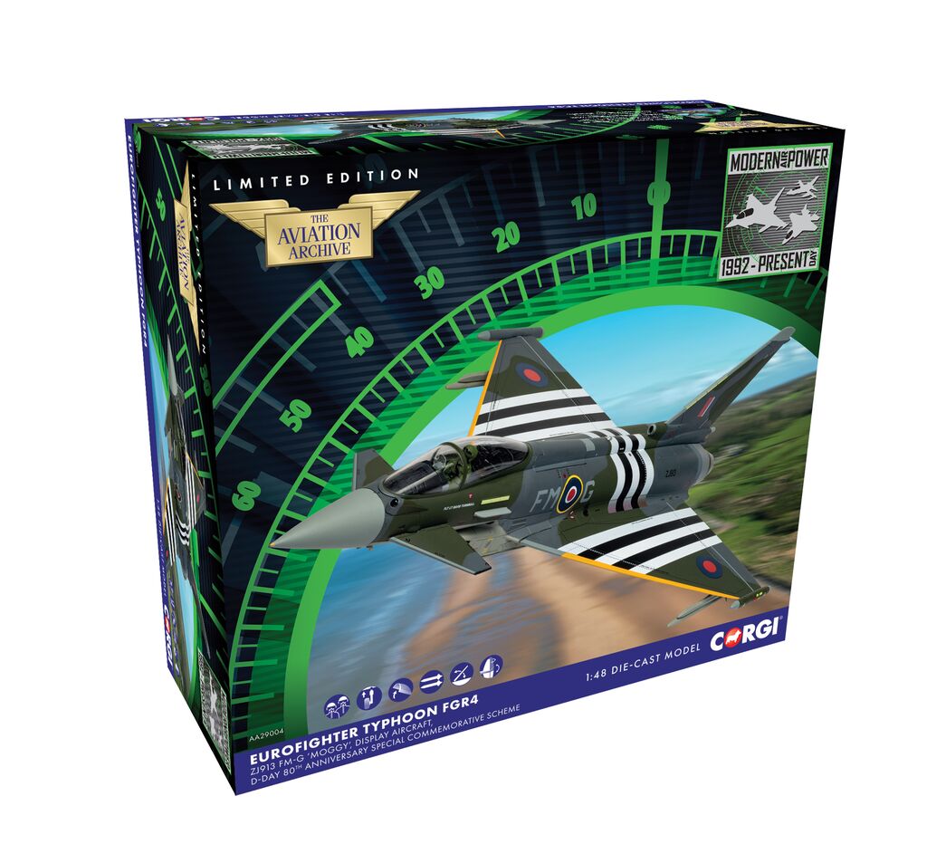 Corgi Eurofighter Typhoon FGR4 ZJ913 FM-G Moggy Flt Lt David Turbo Turnbull RAF No.29 Sqn Coningsby June 6th 2024 2024 D-Day Anniversary Display Scheme 1:48 AA29004