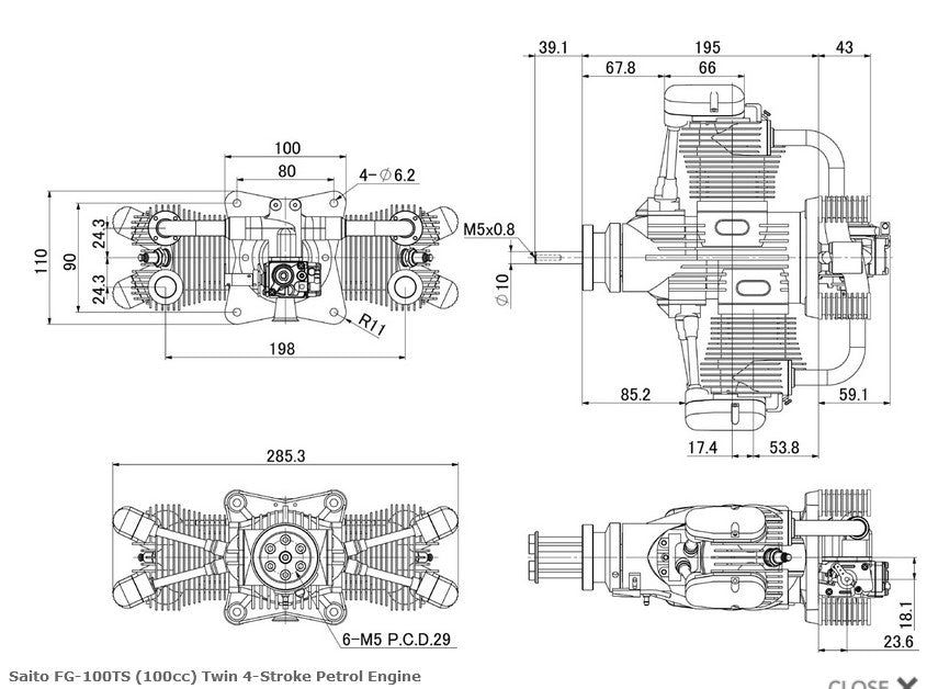 Saito FG-100TS (100cc) Twin 4-Stroke Petrol Engine