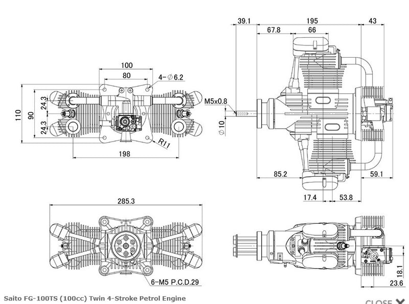 Saito FG-100TS (100cc) Twin 4-Stroke Petrol Engine