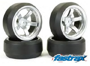 FASTRAX 1/10 (4) DRIFT D3 TYRE WITH 9MM 5-SPOKE WHEEL - SATIN SILVER