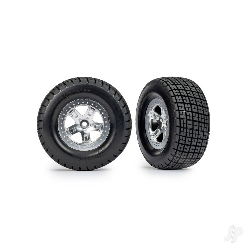 Tyres & wheels assembled glued (SCT satin chrome wheels beadlock type (dual profile 2.2in outer 3.0in inner Hoosier tyres foam inserts) (2) (4WD front/rear 2WD rear only)