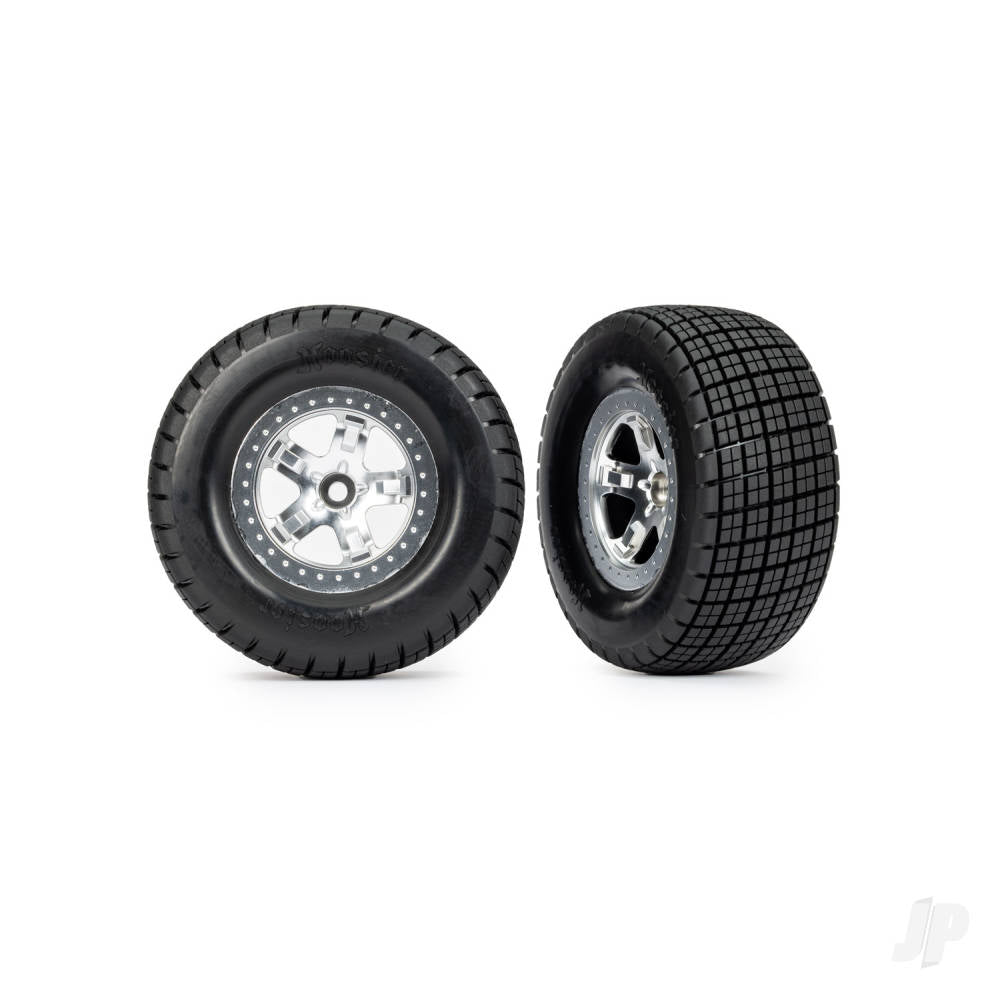 Tyres & wheels assembled glued (SCT satin chrome wheels beadlock type (dual profile 2.2in outer 3.0in inner Hoosier tyres foam inserts) (2) (2WD front)
