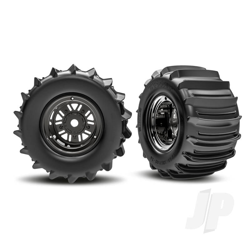 Traxxas Wheels & Tyres assembled glued (Pro Scale Sand Car Race black chrome wheels belted paddle tyres dual profile