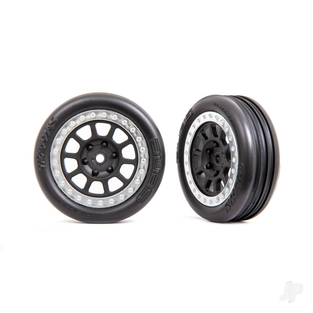 Tyres & wheels assembled (2.2in graphite gray satin chrome beadlock wheels Alias ribbed 2.2in Tyres) (2) (Bandit front medium compound with foam inserts)