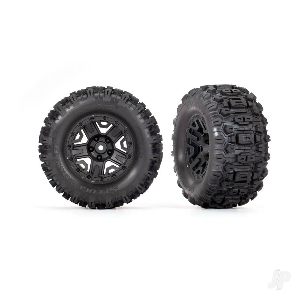 Tyres & wheels assembled glued (black 2.8in wheels Sledgehammer tyres foam inserts) (electric rear) (2) (TSM rated)