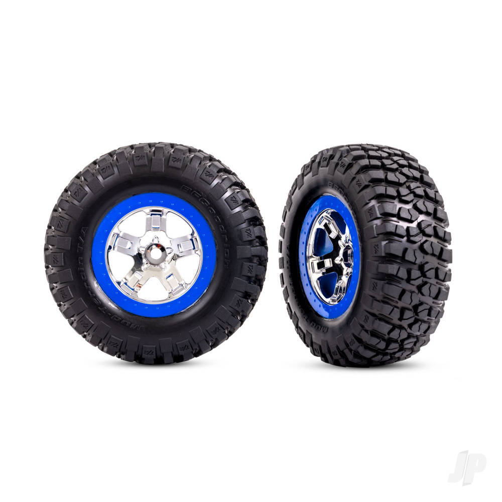Tyres & wheels assembled glued (SCT chrome blue beadlock style wheels BFGoodrich Mud-Terrain T/A KM2 Tyres foam inserts) (2) (2WD front)