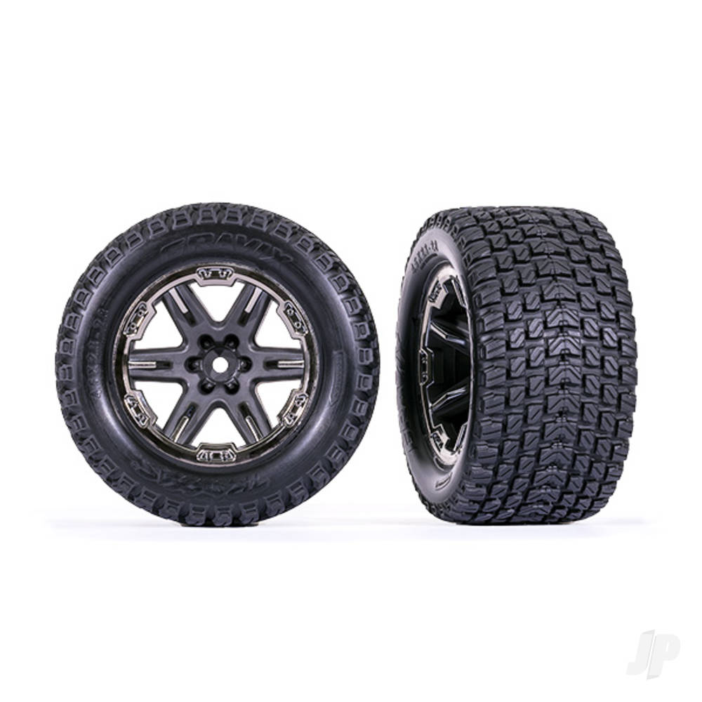 Tyres & wheels assembled glued (2.8) (RXT charcoal gray & black chrome wheels Gravix tyres foam inserts) (4WD electric front/rear 2WD electric front only) (2) (TSM rated)