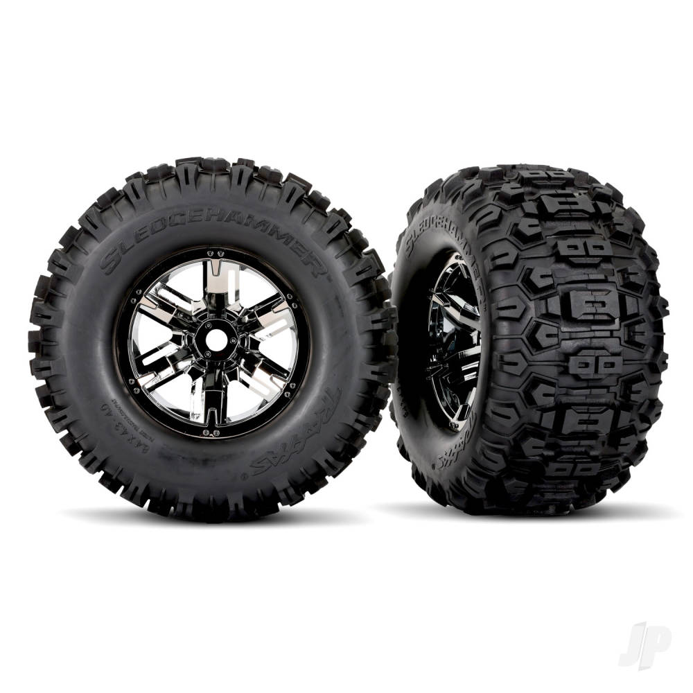 Tyres & wheels assembled glued (X-Maxx black chrome wheels Sledgehammer Tyres foam inserts) (left & right) (2)
