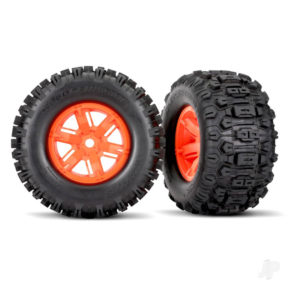 Tyres & wheels assembled glued (X-Maxx orange wheels Sledgehammer Tyres foam inserts) (left & right) (2)