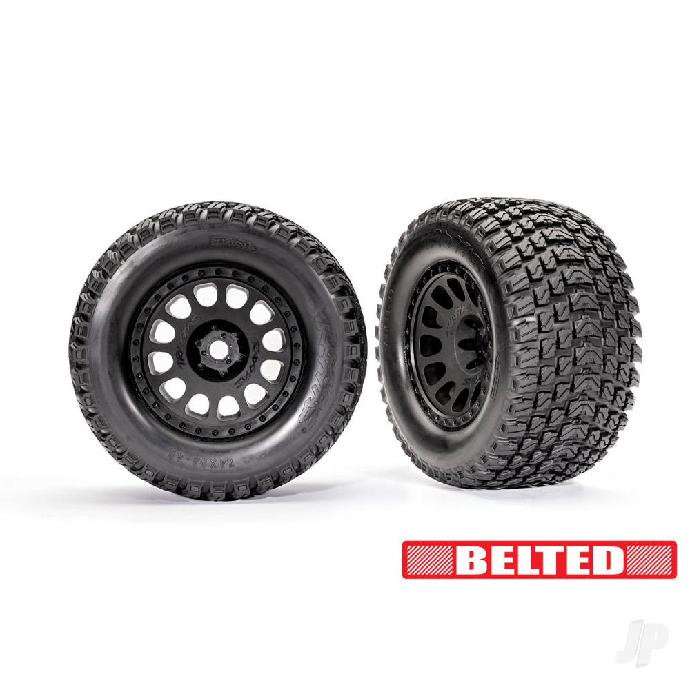 Tyres & wheels assembled glued (XRT Race black wheels Gravix belted tyres dual profile (4.3in outer 5.7in inner) foam inserts) (left & right)