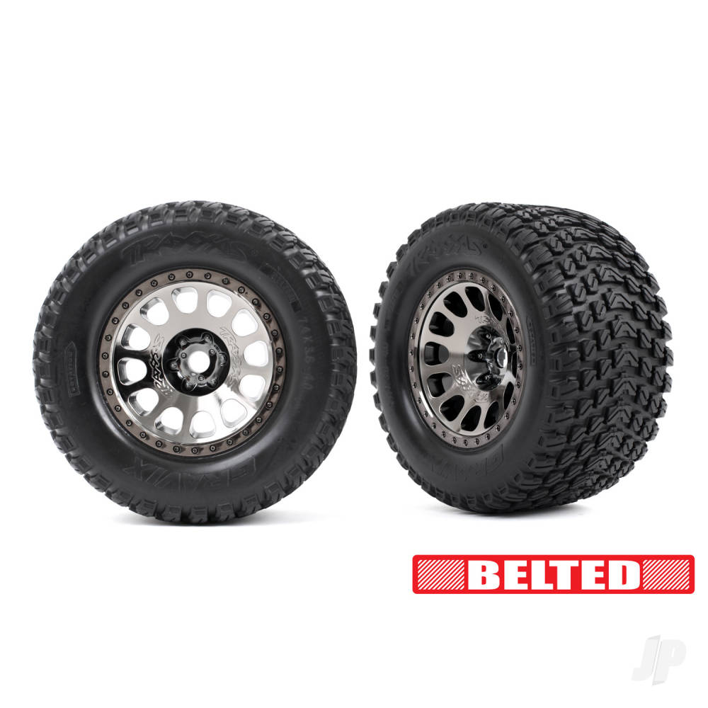 Tyres & wheels assembled glued (XRT Race black chrome wheels Gravix belted tyres dual profile (4.3in outer 5.7in inner) foam inserts) (left & right)