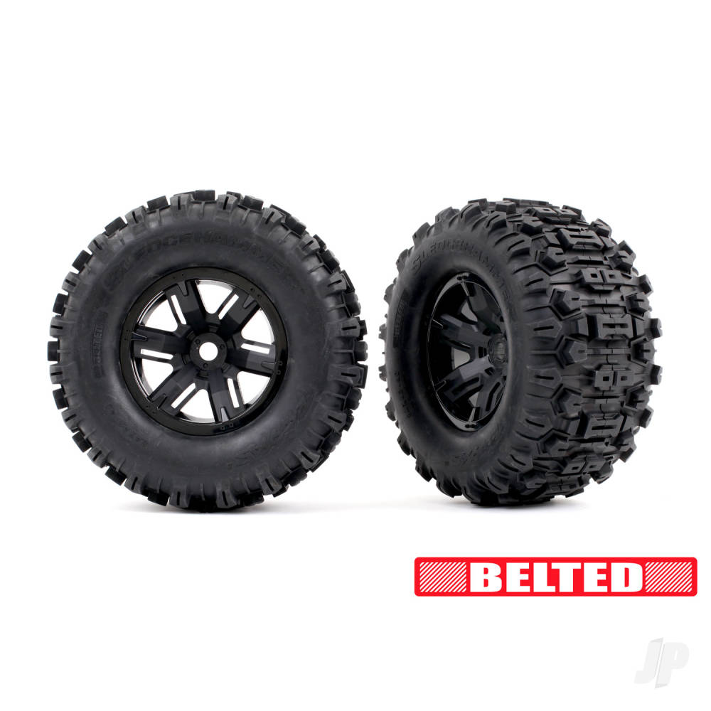 Tyres & wheels assembled glued (X-Maxx black wheels Sledgehammer belted tyres dual profile (4.3in outer 5.7in inner) foam inserts) (left & right)