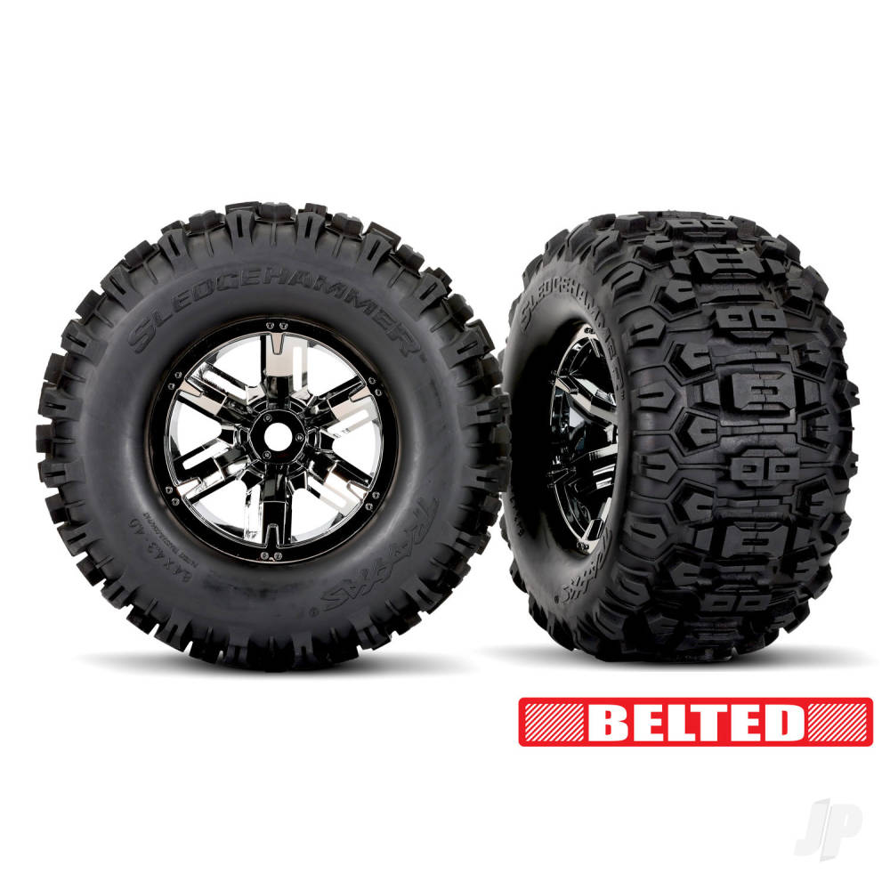 Tyres & wheels assembled glued (X-Maxx black chrome wheels Sledgehammer belted tyres dual profile (4.3in outer 5.7in inner) foam inserts) (left & right)