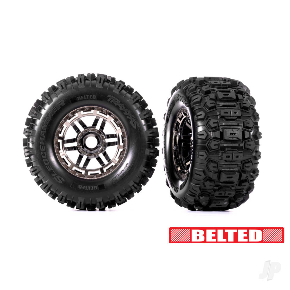 Tyres & wheels assembled glued (black chrome wheels belted Sledgehammer All-Terrain tyres dual profile (2.9in outer 3.8in inner) foam inserts) (2) (17mm splined) (TSM rated)