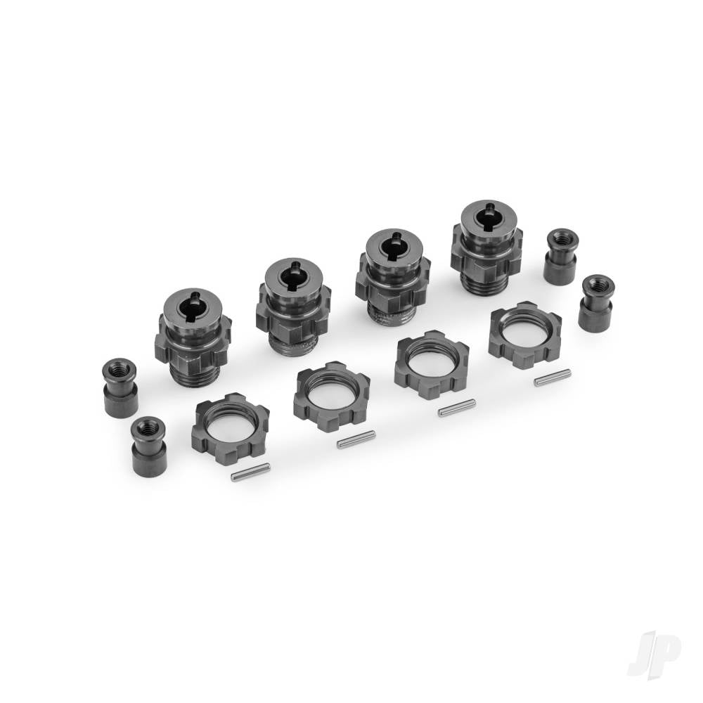 Wheel hubs splined 17mm short (Grey-anodised) (4) wheel nuts splined 17mm (Grey-anodised) (4) hub retainer M4 X 0.7 (4) axle pin (4) (for use with #9080 upgrade kit)