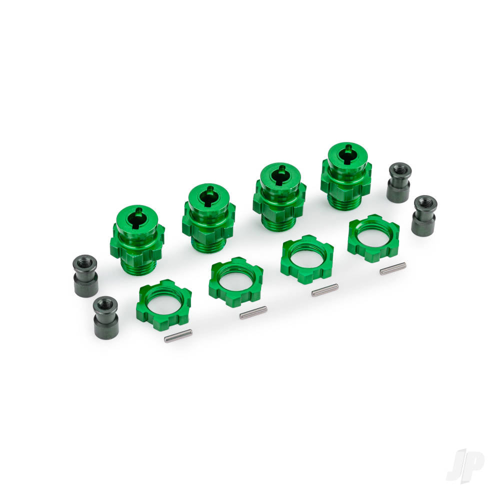Wheel hubs splined 17mm short (Green-anodised) (4) wheel nuts splined 17mm (Green-anodised) (4) hub retainer M4 X 0.7 (4) axle pin (4) (for use with #9080 upgrade kit)