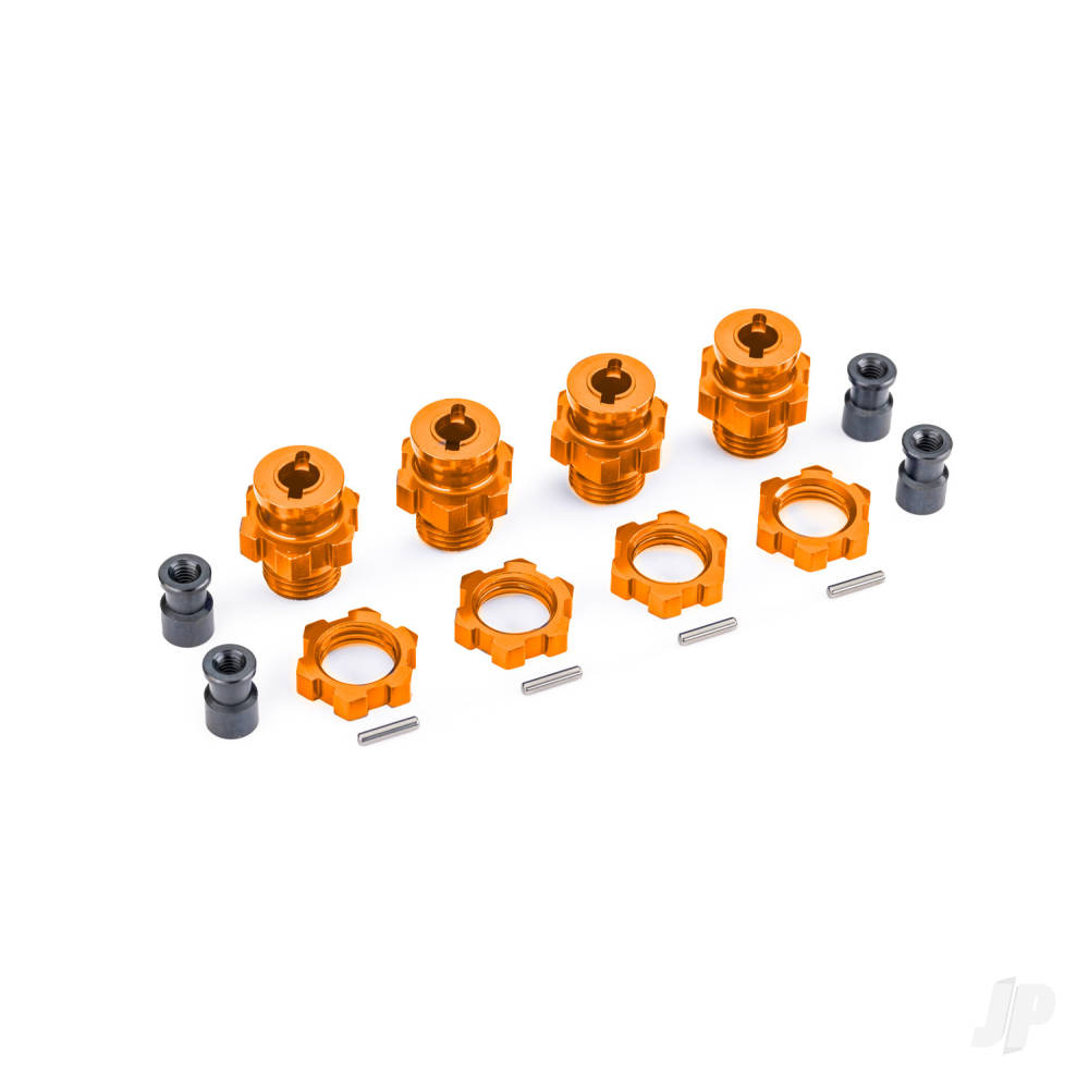 Wheel hubs splined 17mm short (Orange-anodised) (4) wheel nuts splined 17mm (Orange-anodised) (4) hub retainer M4 X 0.7 (4) axle pin (4) (for use with #9080 upgrade kit)