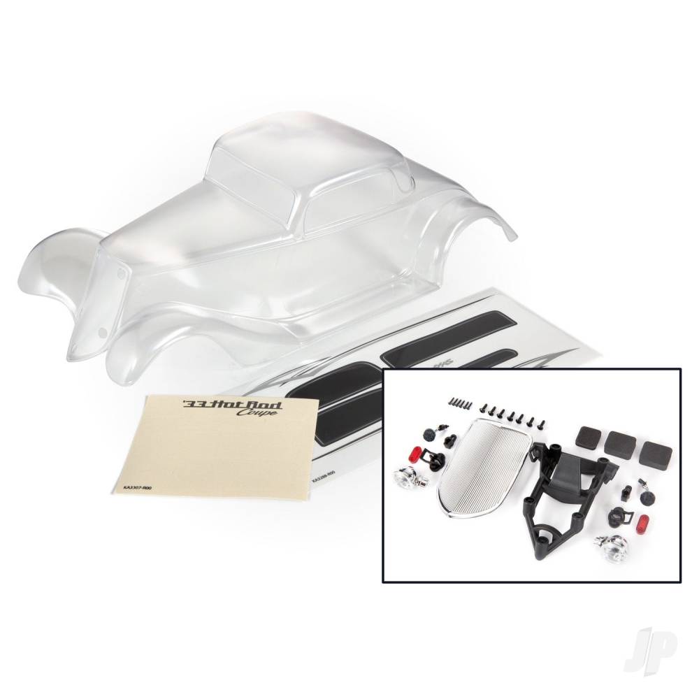 Body Factory Five 33 Hot Rod Coupe (clear requires painting)/ foam pads (front & rear)/ decal sheet (includes front grille side mirrors headlights tail lights mounting hardware)