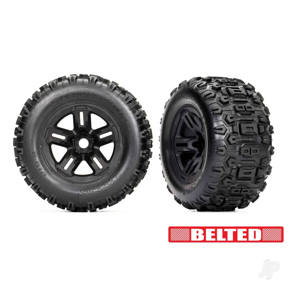 Tyres & wheels assembled glued (3.8in black wheels belted Sledgehammer tyres foam inserts) (2)