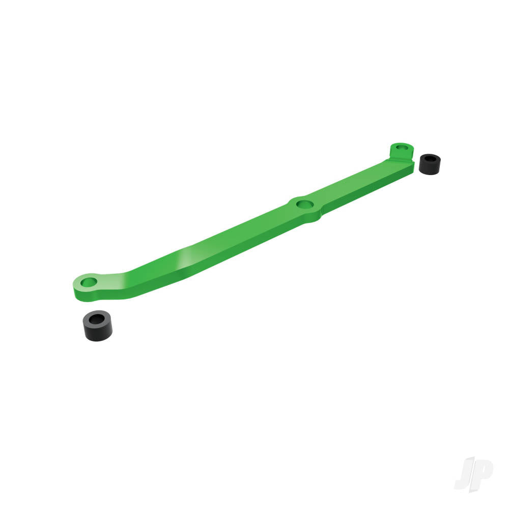 Steering link 6061-T6 aluminium (green-anodised)/ servo horn metal/ spacers (2)/ 3x6mm CCS (with threadlock) (1)/ 2.5x7mm SS (with threadlock) (1)