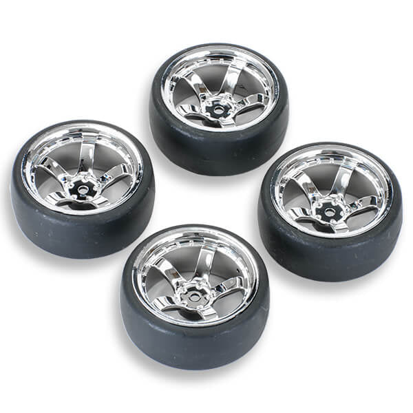 FASTRAX 1/10 (4) DRIFT D1 TYREw/9MM 5-SPOKE WHEEL- CHROME