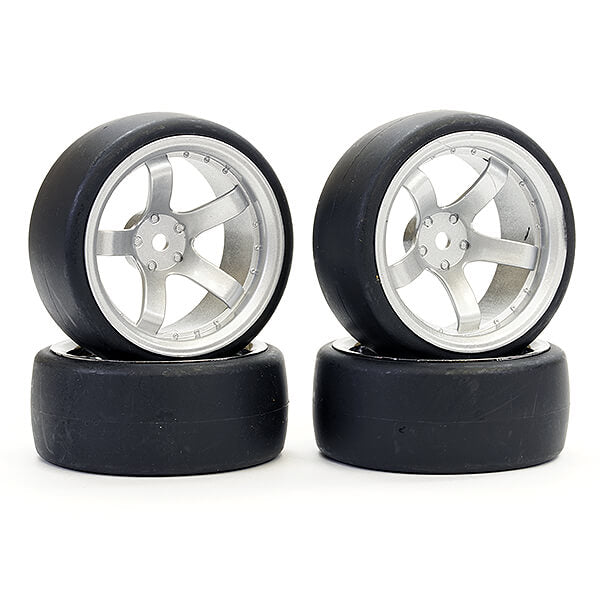 FASTRAX 1/10 (4) DRIFT D1 TYREw/9MM 5-SPOKE WHEEL- SATIN SIL