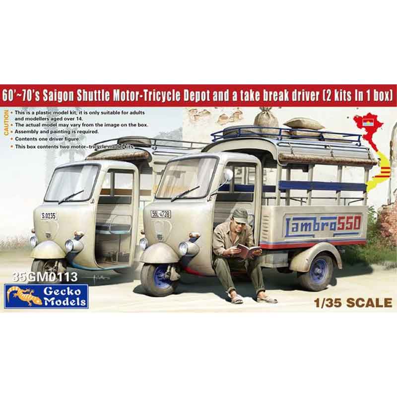GECKO MODELS 1/35 60-70s Saigon Shuttle Motor-Tricycle Depot and take a break driver (2 kits in 1 box)