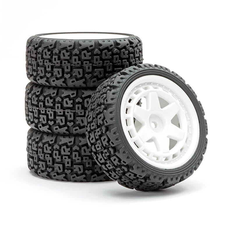 FASTRAX 1/10 R BLOCK RALLY TYRES/6-SPOKE WHITE WHEELS (4)