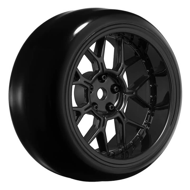 LOUISE RC 1/10 DRIFT 2468MM OFFSET 14-SPOKE WHEELS GLOSS BLACK WITH TYRES