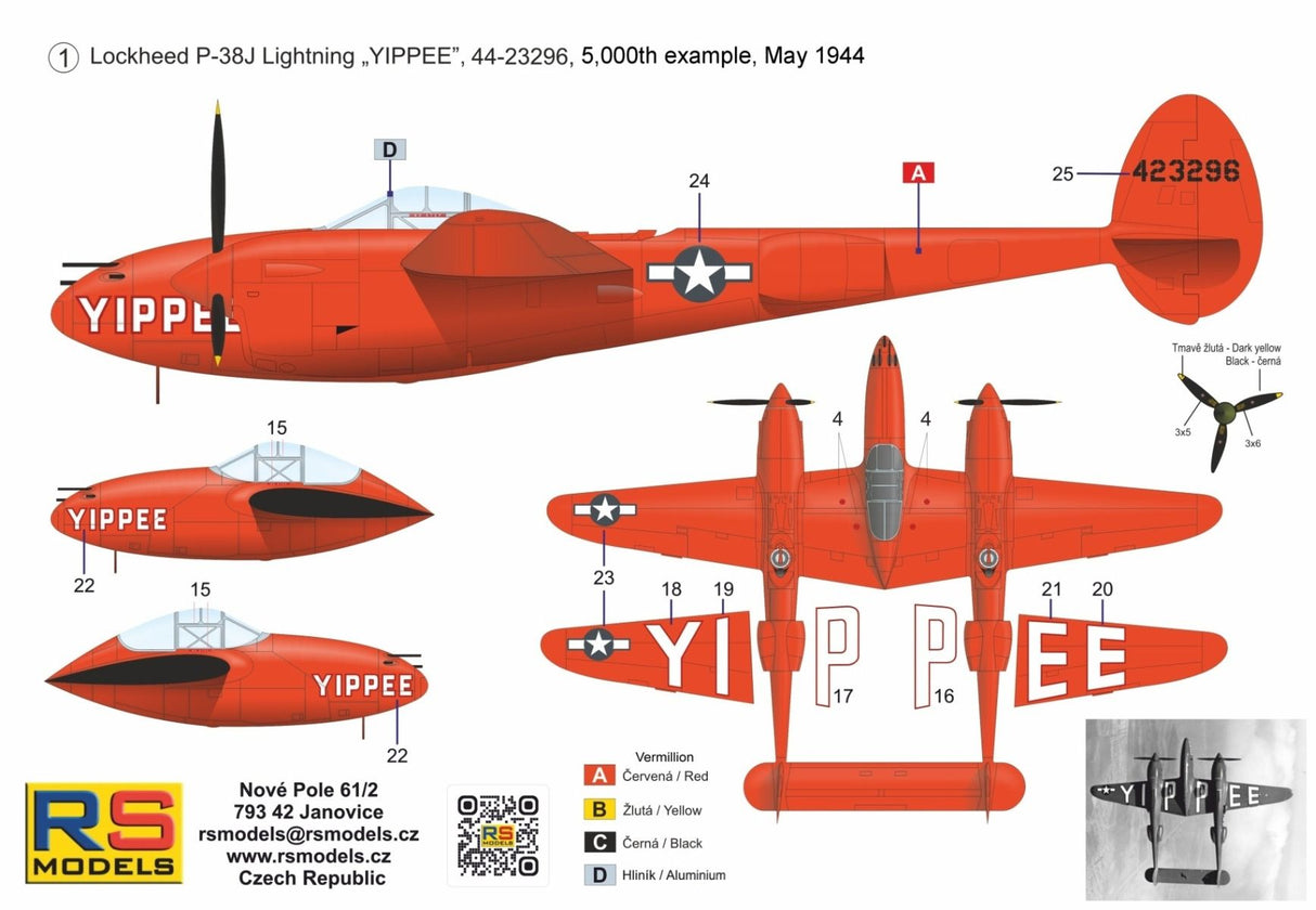 RS Models 1/72 Lockheed P-38J-20 Lightning Yippee Limited Edition # 94025