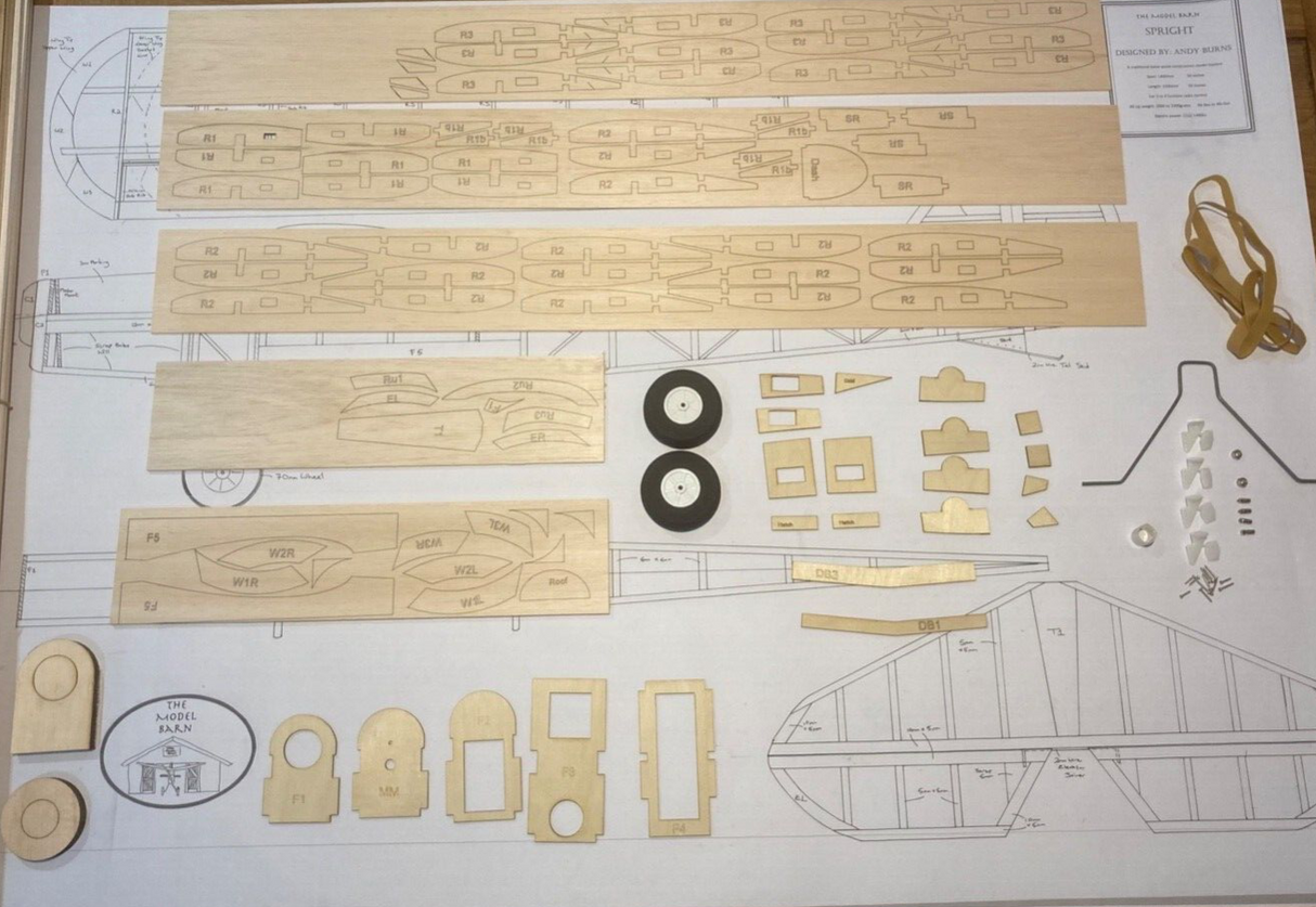 The Model Barn Spright Kit. A balsa and ply vintage style Bi-Plane wing model kit