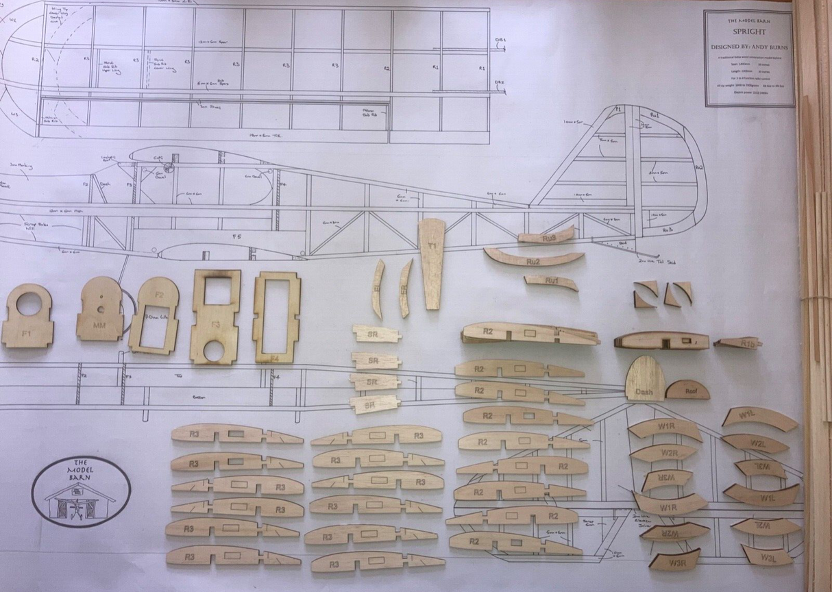 The Model Barn Spright Kit. A balsa and ply vintage style Bi-Plane wing model kit